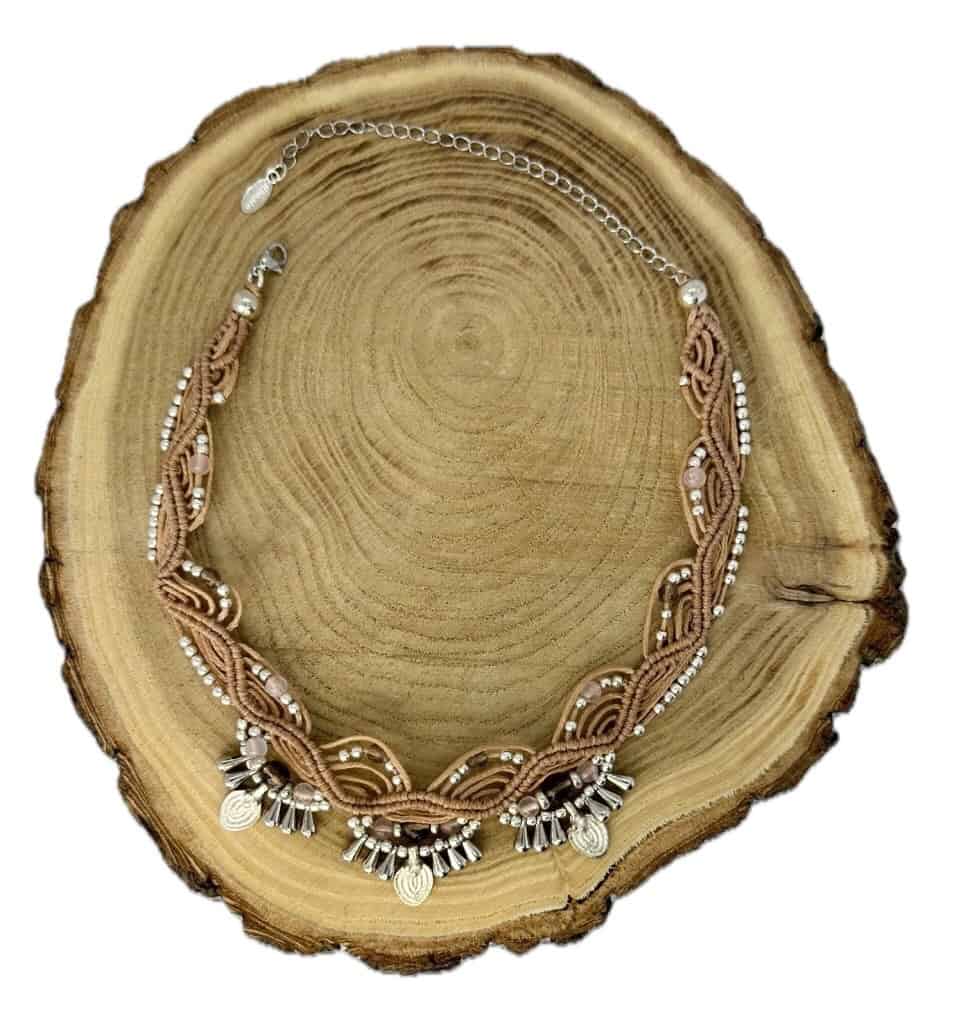 Makramee Choker "Zoe Sand Silber" mit den Halbedelsteinen Rosenquarz & Rauchquarz
