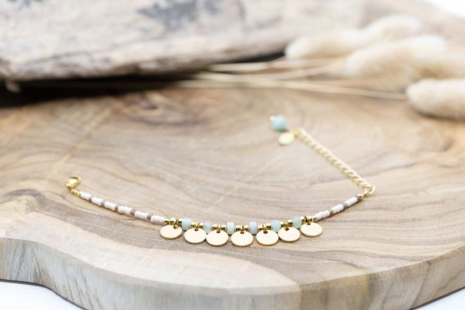 Armband Messing Vergoldet 24k mit Aventurin und Amazonit