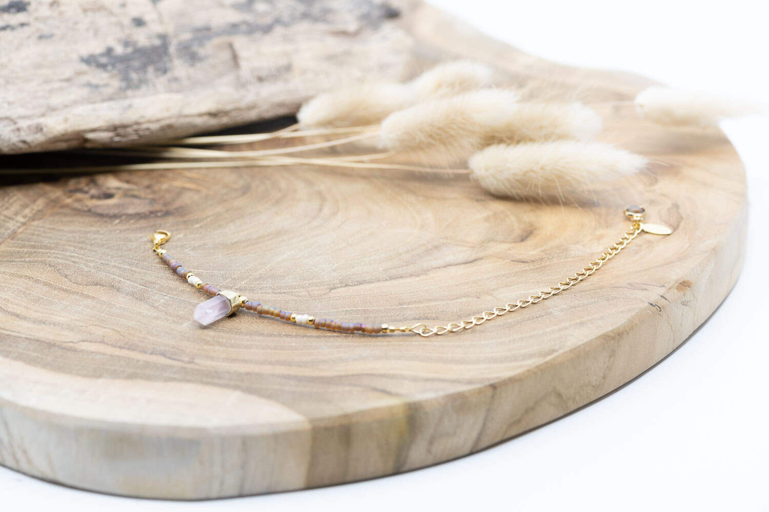 Armband Messing Vergoldet 24k mit Rosenquarz Spitze