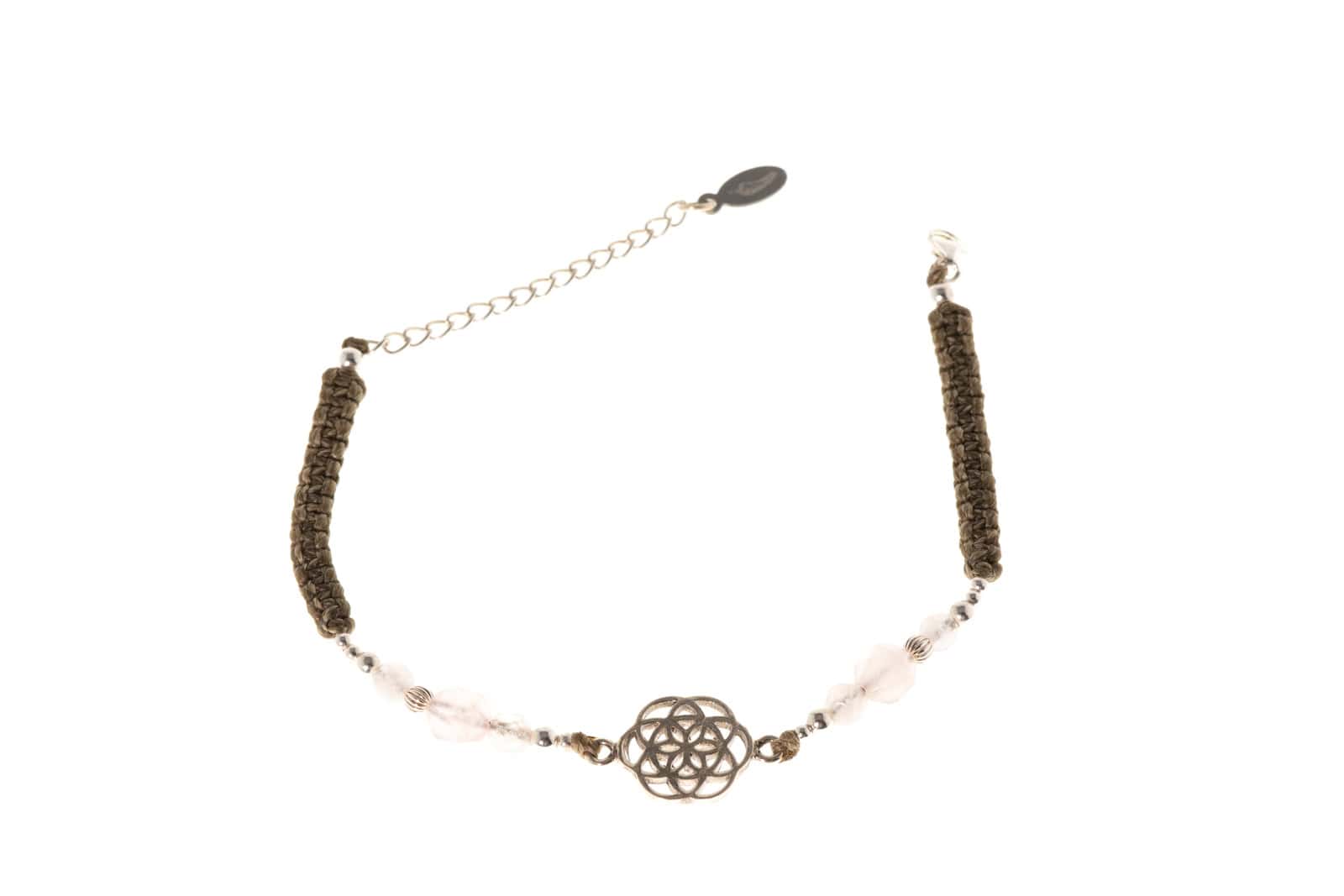 Makramee Armband Same des Lebens mit Rosenquarz in Silber 925