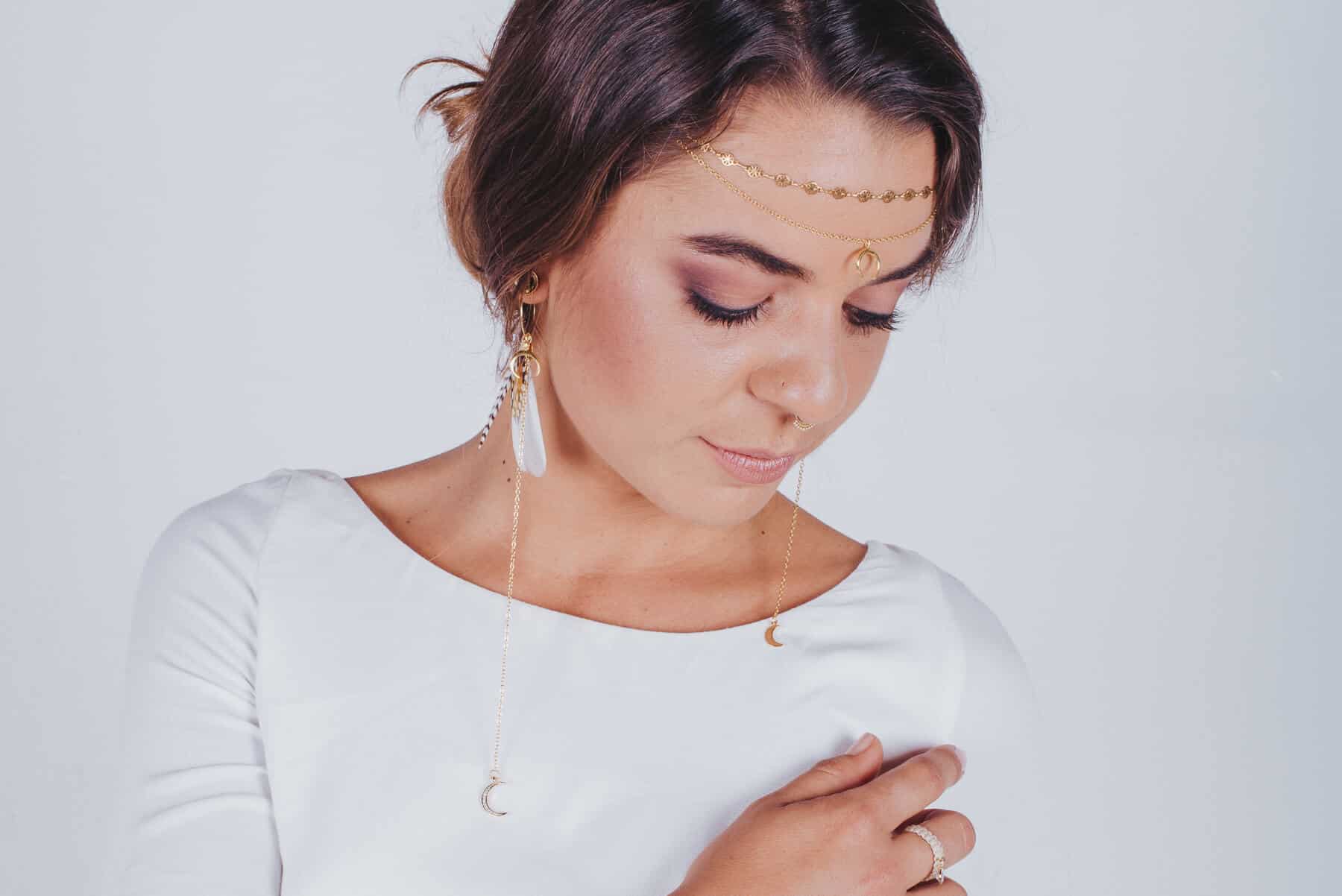 Feather Earrings Moon & Stars Gold