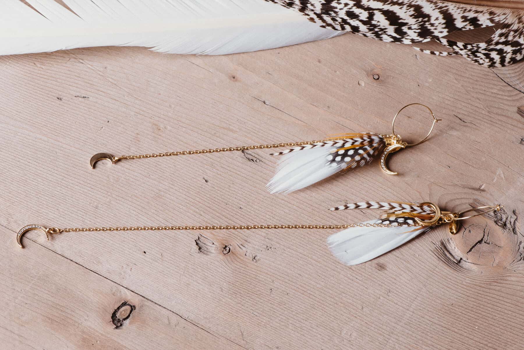 Feather Earrings Moon & Stars Gold