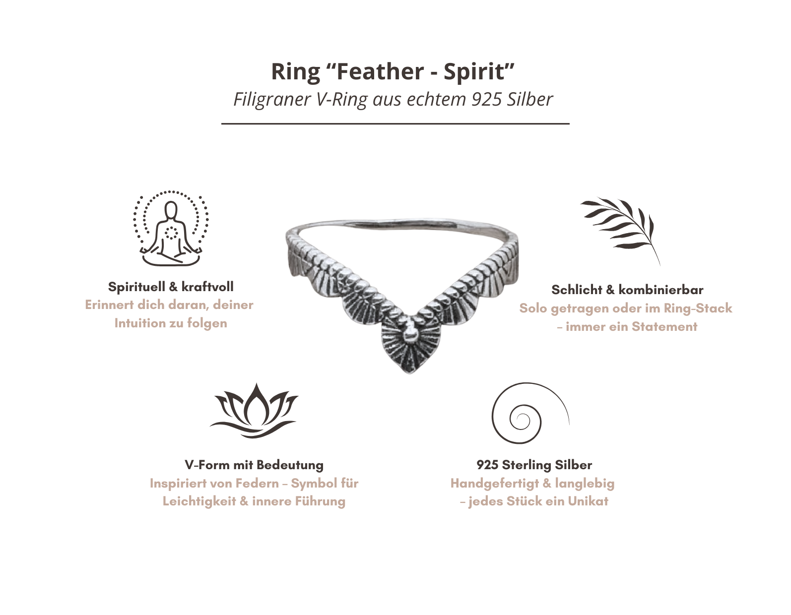 V-Ring mit Federdesign aus 925 Silber – Boho Stil handgefertigt