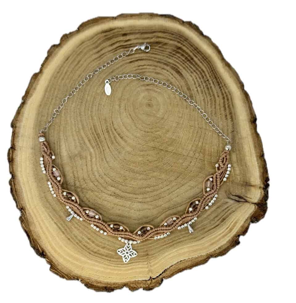 Makramee Choker "Eva Caramel Silber" mit den Halbedelsteinen Rosenquarz & Rauchquarz