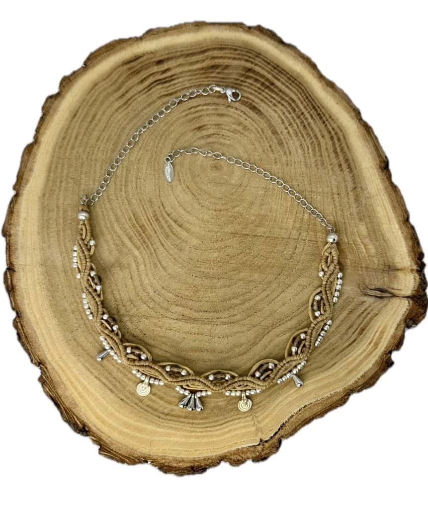 Makramee Choker "Eva Beige Silber" mit dem Halbedelstein Rauchquarz
