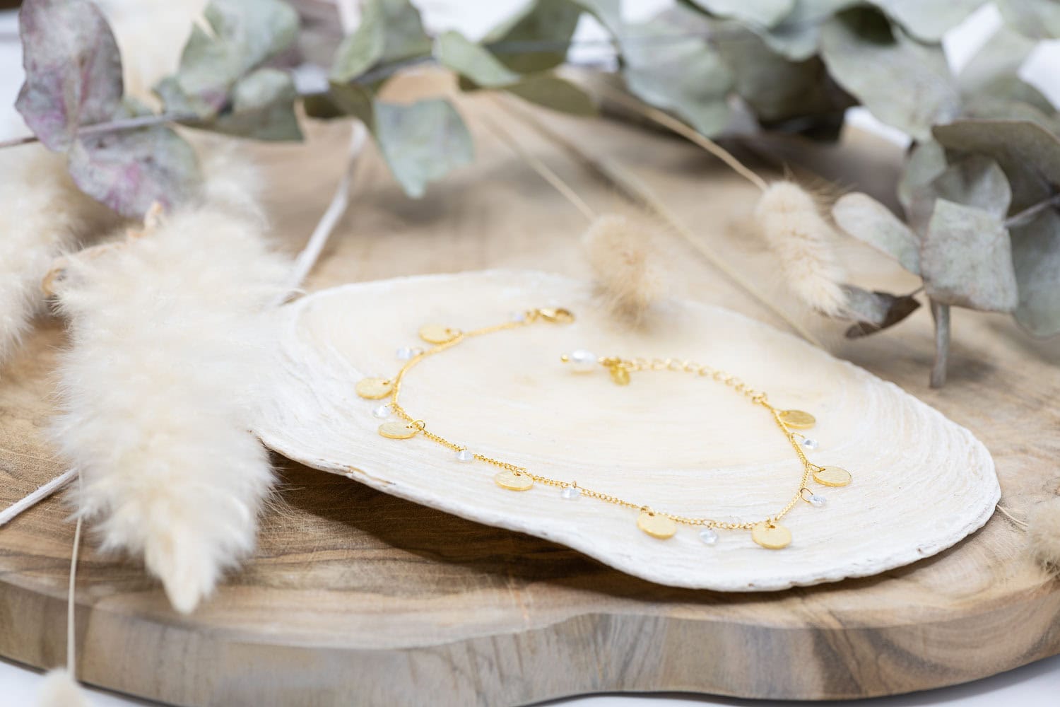 Fusskette Messing Vergoldet 24k mit Kristallperlen und Perle