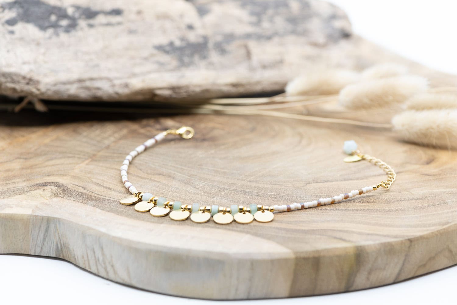 Fusskette Messing Vergoldet 24k mit Aventurin und Amazonit