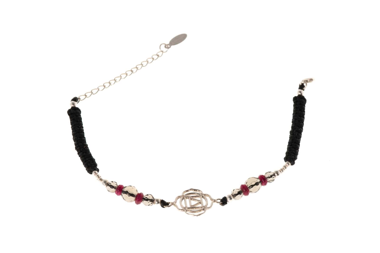 Makramee Armband Wurzel-Chakra mit Halbedelstein Rauchquarz & Rubin und Silber 925