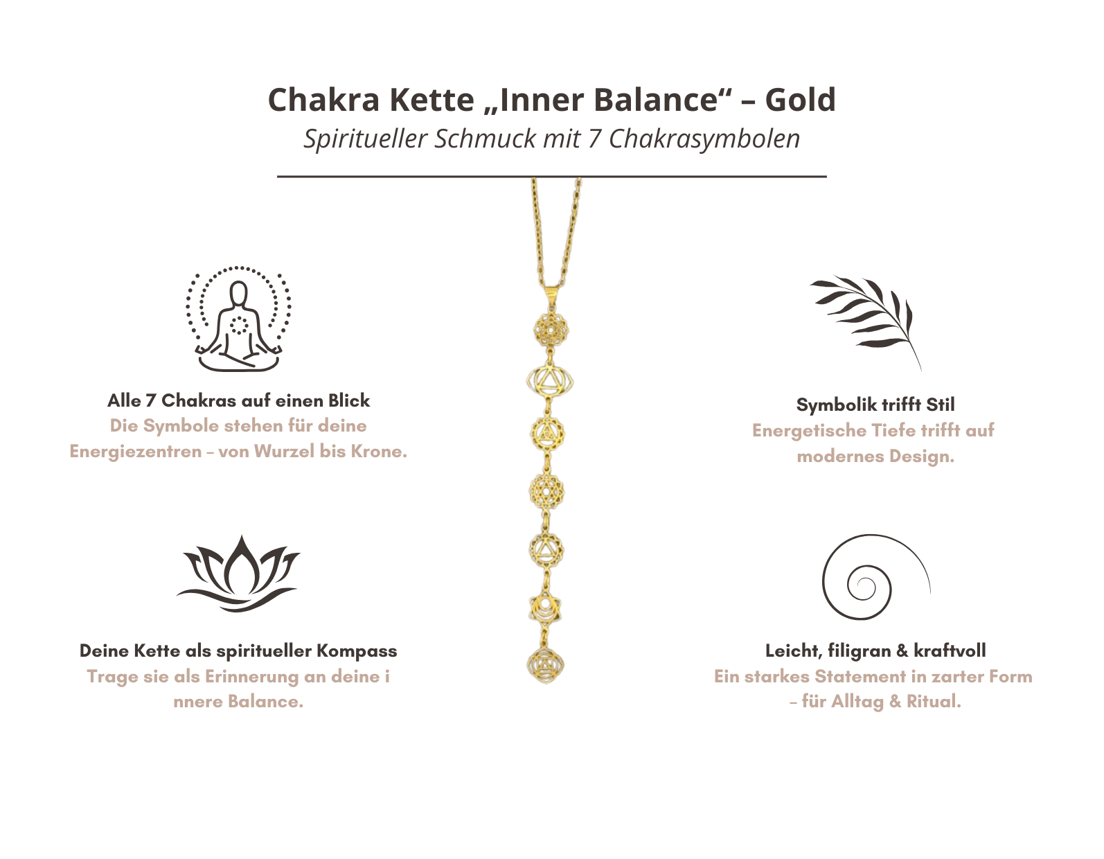 Filigrane Chakra-Kette aus vergoldetem Messing mit allen sieben Chakrasymbolen – ein ausdrucksstarker Begleiter für deine spirituelle Reise.
