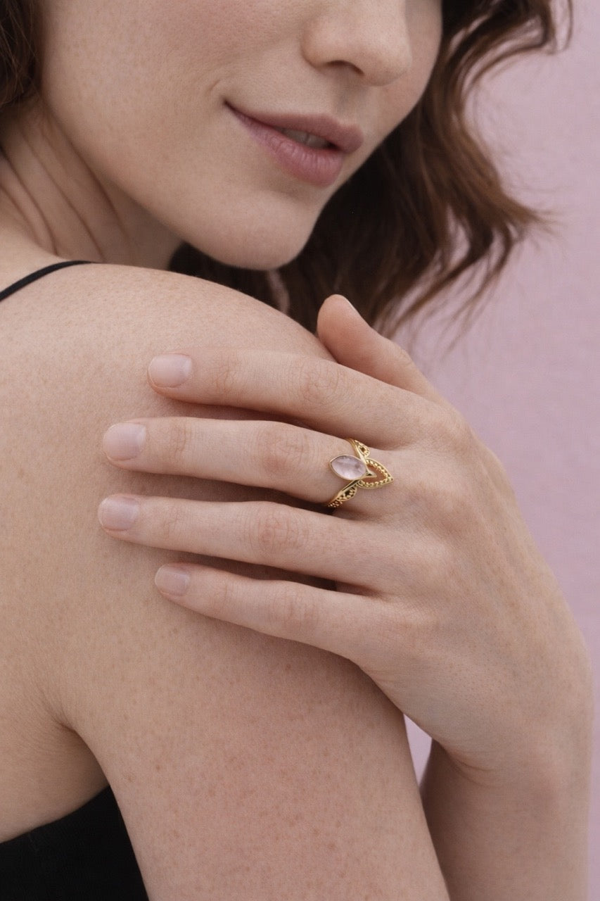Fingerring aus Messing 24k Vergoldet mit Halbedelstein in 2 Varianten G-R29