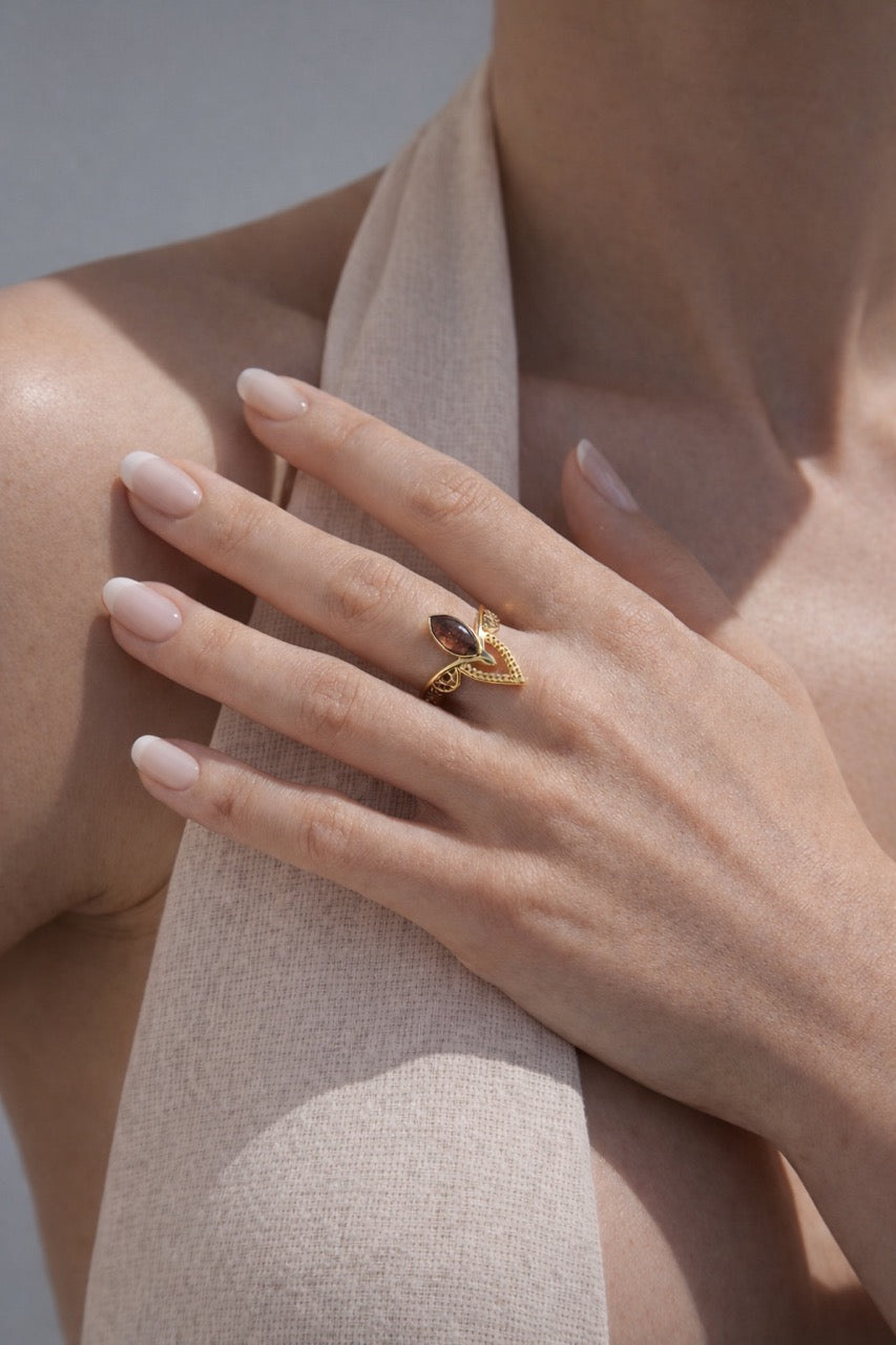 Fingerring aus Messing 24k Vergoldet mit Halbedelstein in 2 Varianten G-R29