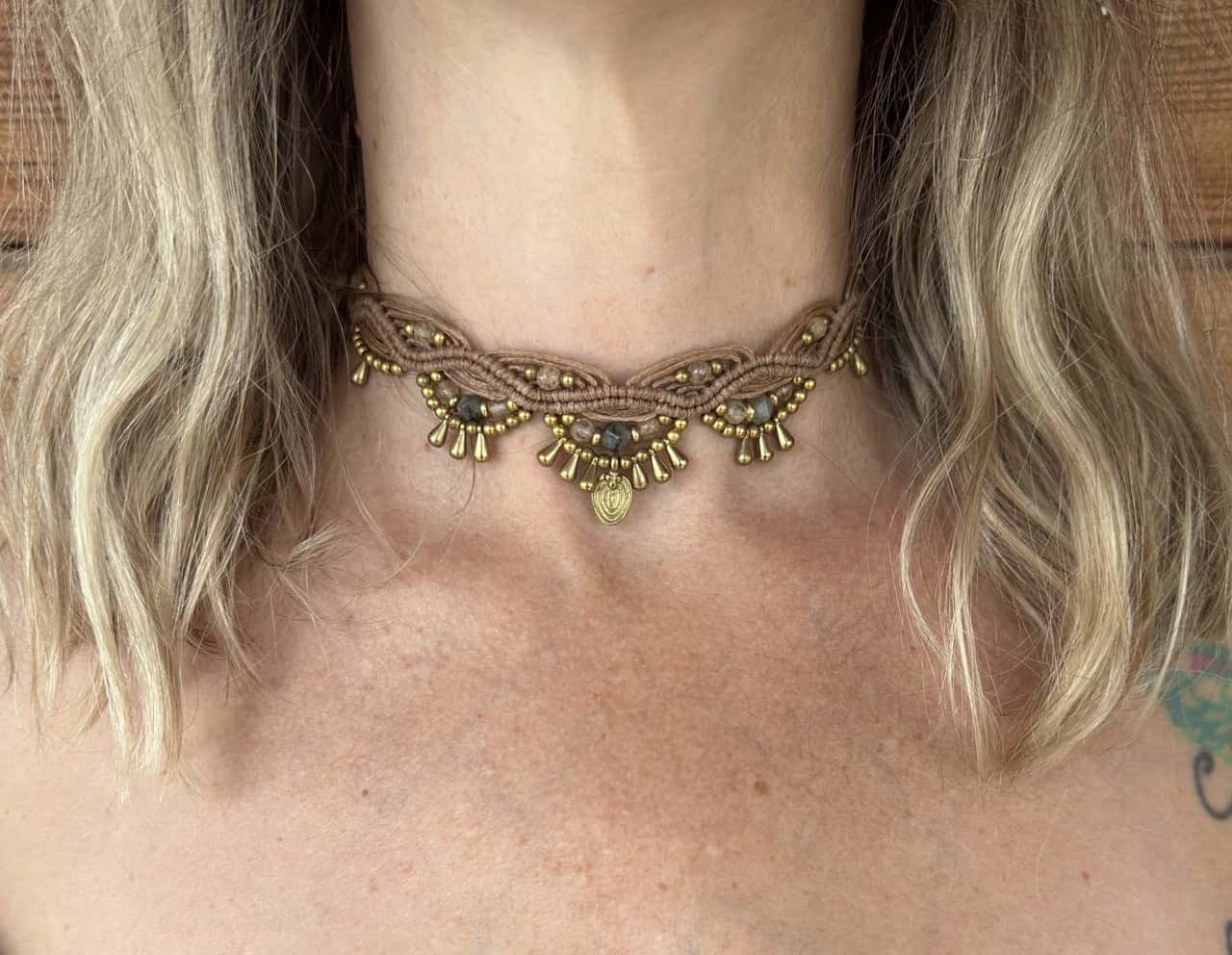 Makramee Choker Zoe Sand mit Citrin & Labradorit