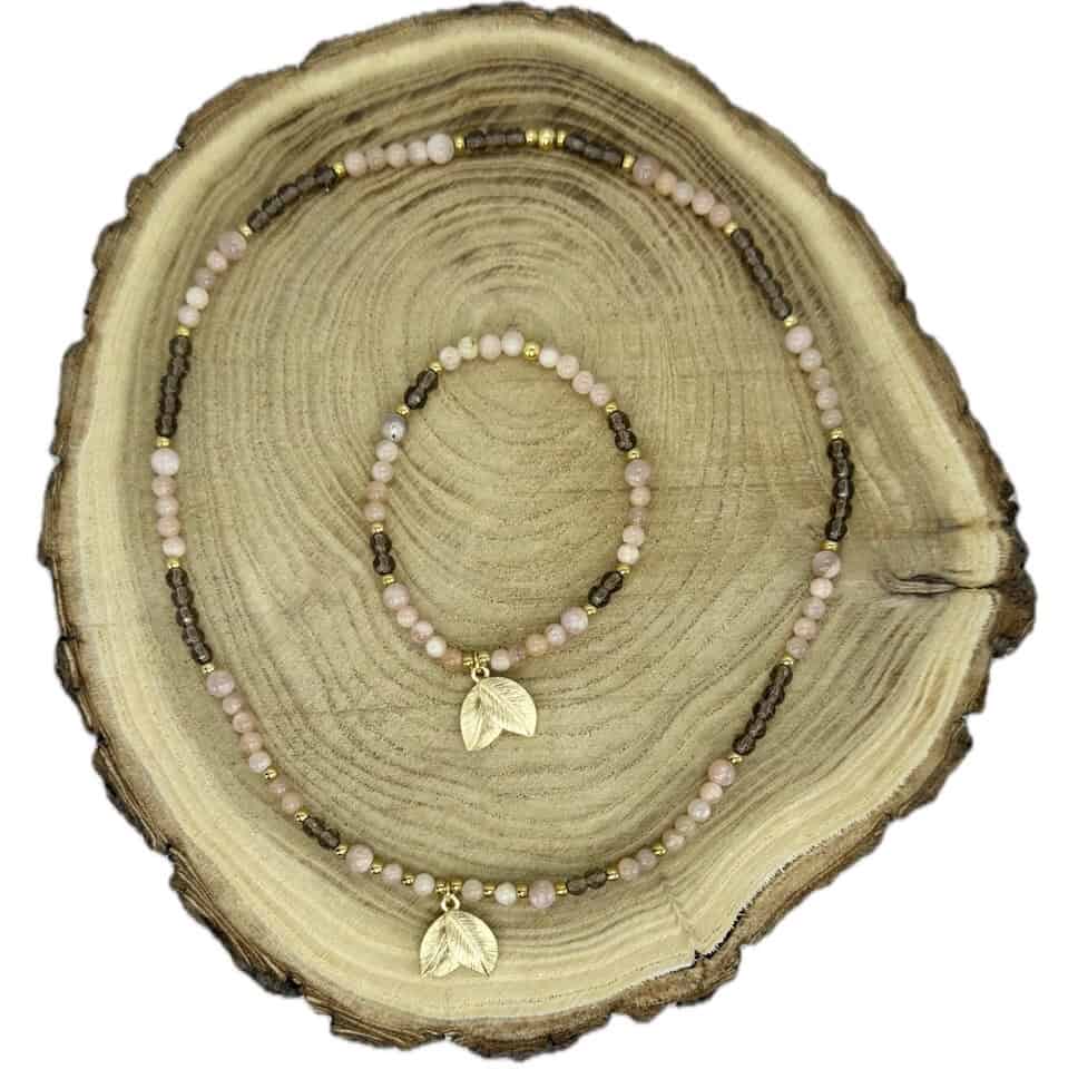 Halskette und Armband "Leaf" mit dem Halbedelsteinen Rosa Mondstein und Rauchquarz