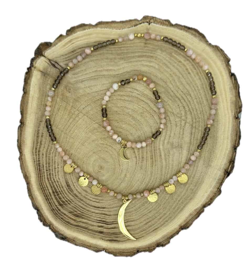Halskette und Armband "Rosa Moon" mit dem Halbedelsteinen Rosa Mondstein und Rauchquarz