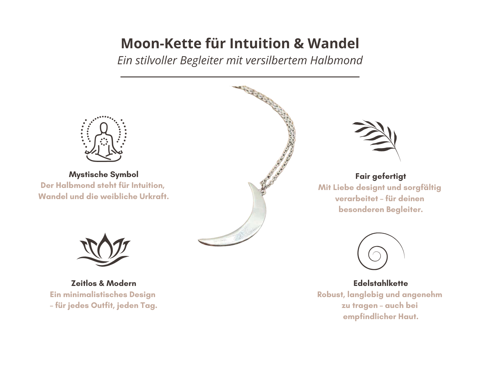 Moon-Kette aus Edelstahl mit versilbertem Halbmond-Anhänger