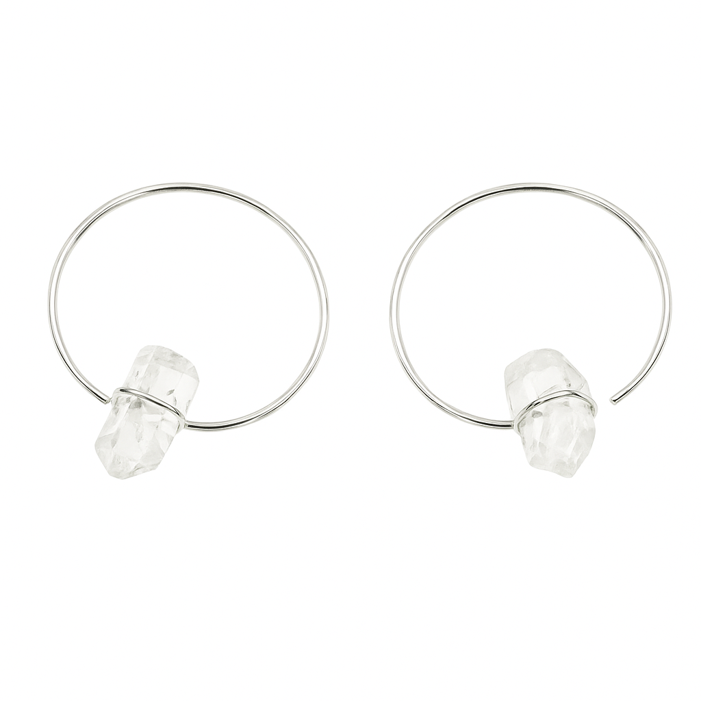 Feinste Creolen aus 925 Sterling Silber mit rohem Bergkristall – minimalistisch, klar & voller Energie.