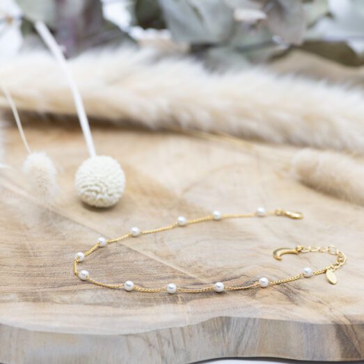 Fusskette Messing Vergoldet 24k mit Perlen und kleinem Halbmond