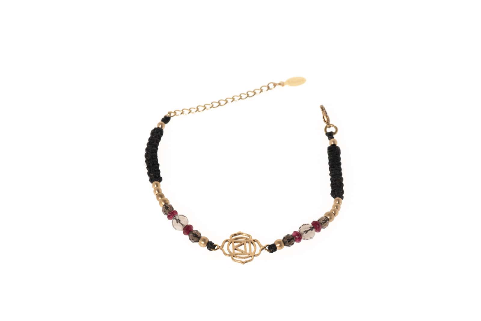 Makramee Armband Wurzel-Chakra mit Rauchquarz und Rubin