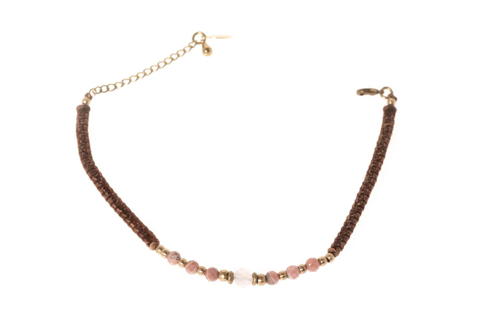 Makramee Fusskette mit Messing und Halbedelstein Rosenquarz und Rhodochrosit