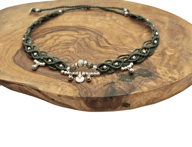 Makramee Fusskette Serpent-Spirit mit Serpentin Heilstein
