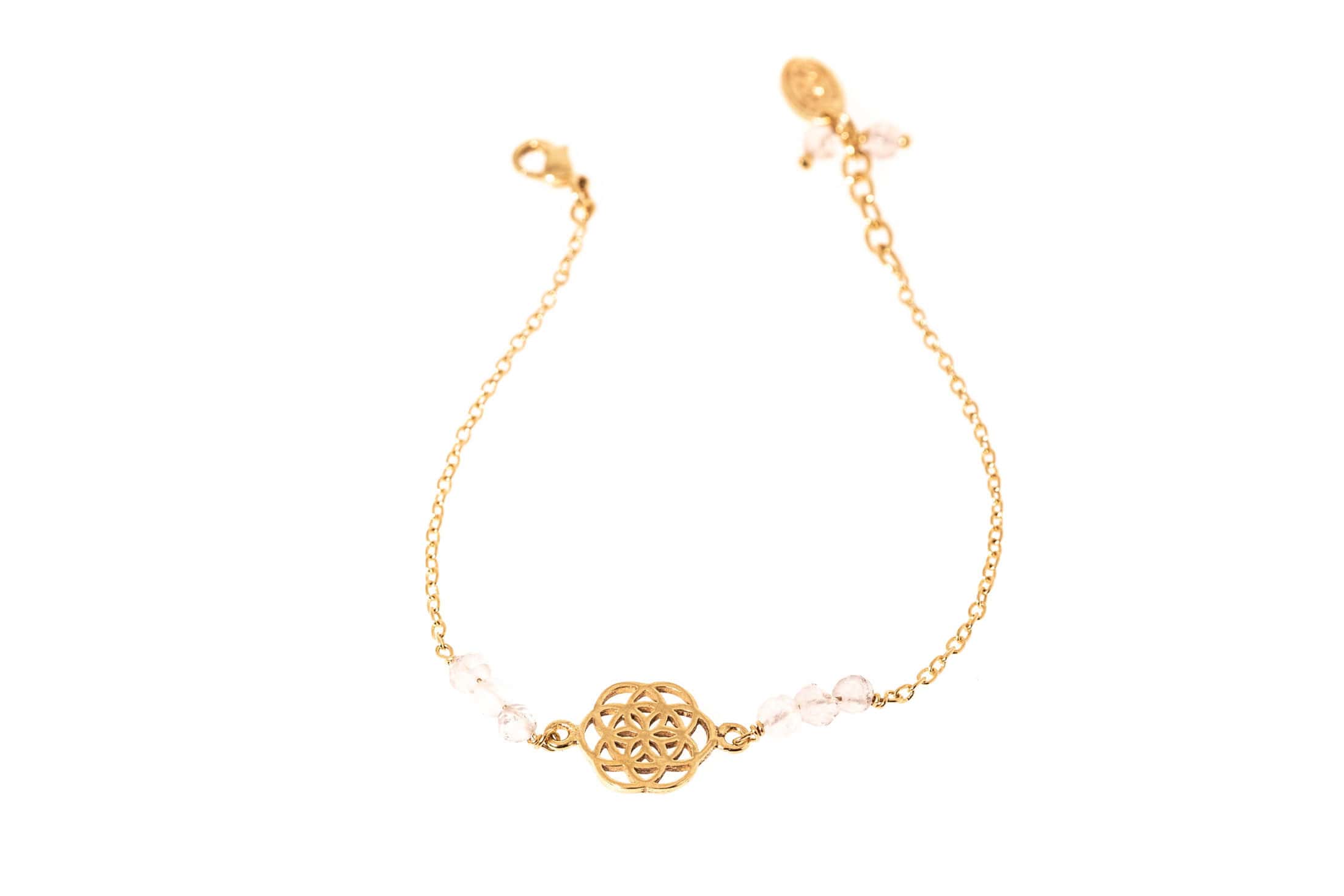 Armkette Messing 24K vergoldet mit Samen des Lebens Symbol mit Rosenquarz