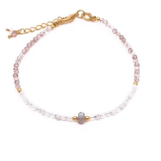 Armband mit Halbedelsteinen, kombiniert mit Messing Vergoldet; Rosenquarz, Bergkristall und Labradorit