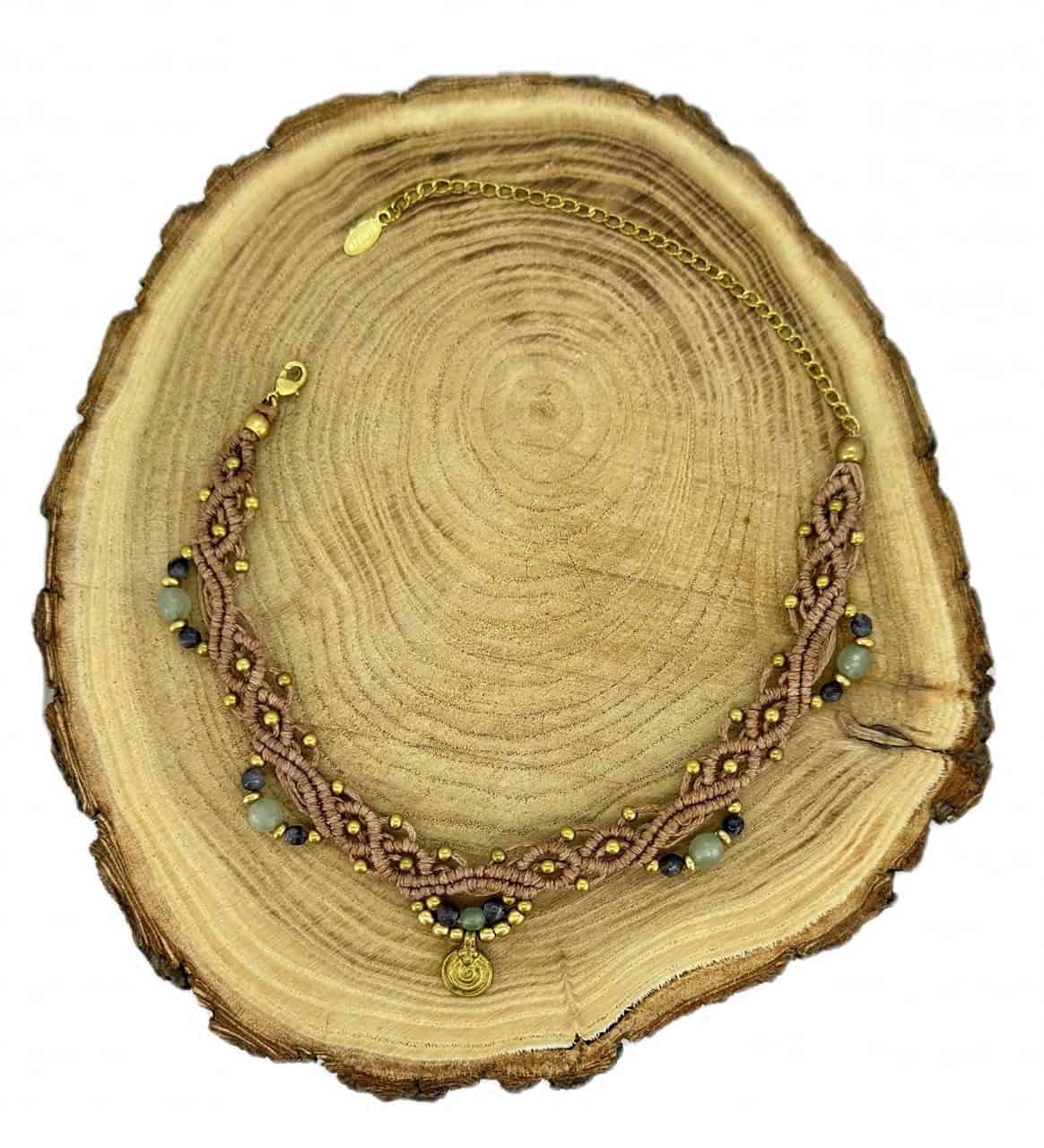 Makramee Choker "Lilly Taupe" mit den Halbedelsteinen Aventurin & Larvikit